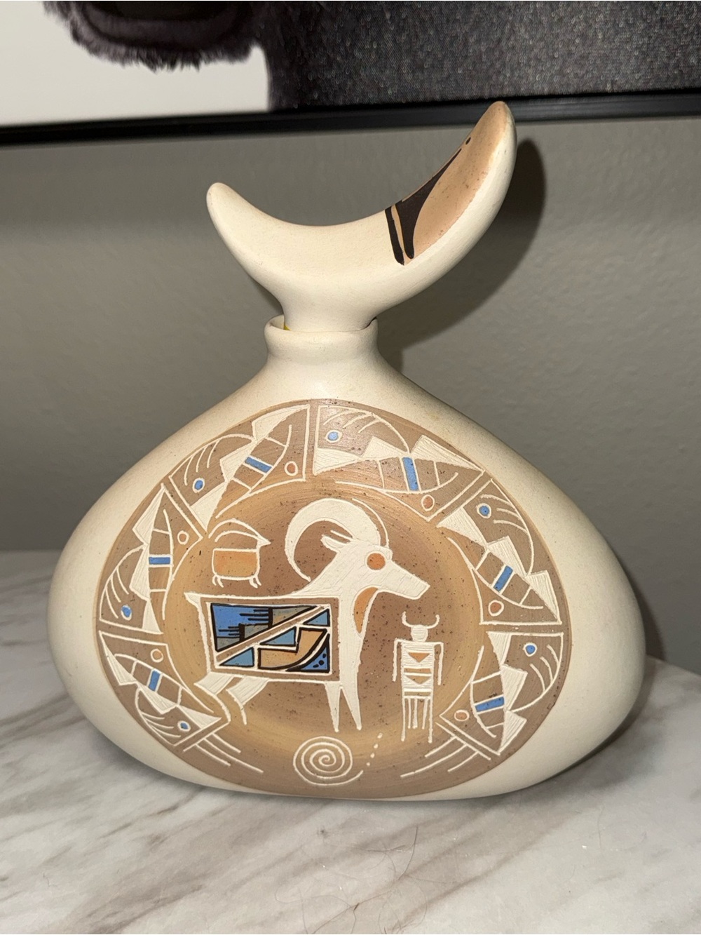 Ceramic Ram Design Vase Beige Brown Blue White 8" Tall I decanter signed